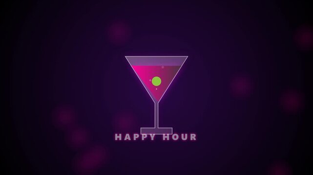 Neon cocktail glass graphic animation with vibrant glowing lights on dark purple background for party event