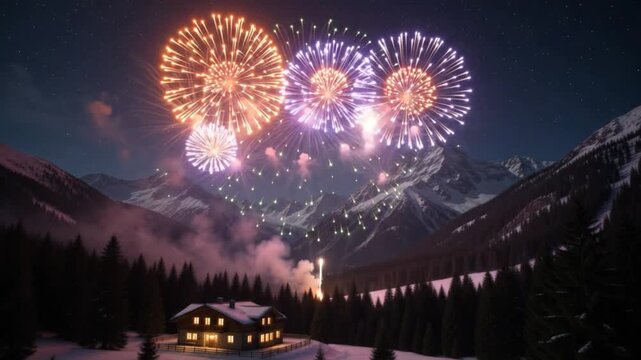 Stunning colorful fireworks exploding in the night sky over a cozy illuminated wooden chalet nestled in a snowy mountain forest, perfect for winter holiday celebrations and festive events.