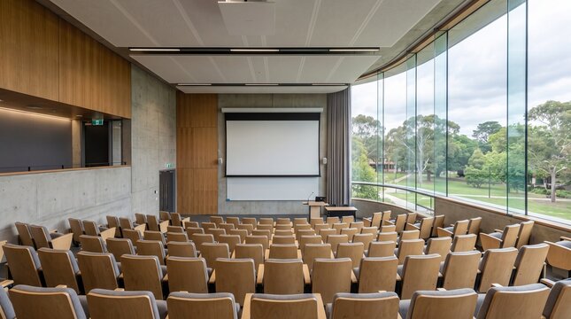 Modern Lecture Hall with Scenic View: An empty, contemporary lecture hall with tiered seating and a large projector screen faces a panoramic window offering a lush green view of trees and sky.