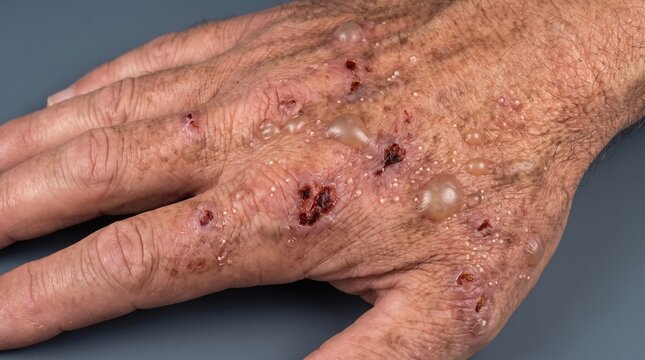 Severe Skin Infection with Painful Blisters and Lesions on a Human Hand