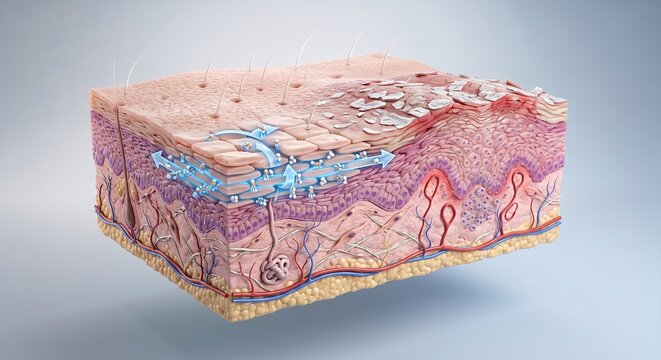 Anatomical 3D Cross-Section Model of Human Skin Showing Moisture Barrier Function