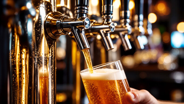 Pouring Fresh Cold Draft Beer from Chrome Tap into Glass at Pub Counter with Golden Foam and Warm Ambient Bokeh Lights