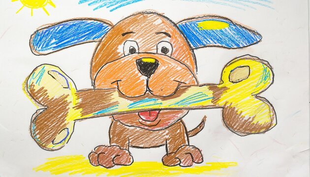 Funny cartoon puppy holding a giant bone, drawn by a small child with wax crayons, exaggerated ears and short legs.