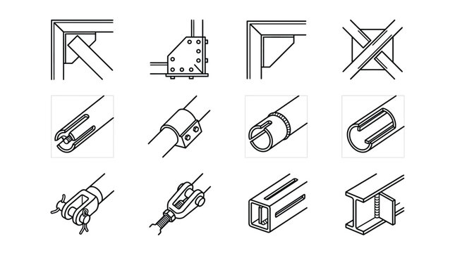 Technical Construction and Mechanical Engineering Joint Icons Set. Line Art Illustration of Scaffolding, Pipe Connectors, Truss Bracing, and Structural Hardware Elements.