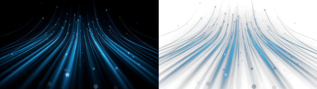 Abstract digital background with glowing blue light trails and particles, representing data flow, high speed internet, or futuristic technology connectivity isolated on transparent background