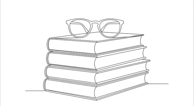 Continuous line drawing of a stack of academic books with eyeglasses on top, symbolizing education, knowledge, and studying in a minimalist style
