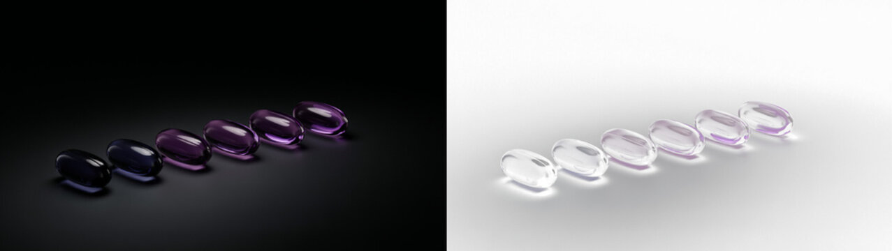 A row of six translucent purple gel capsules arranged in a gradient from dark to light, presented in a splitscreen composition with black and transparent backgrounds