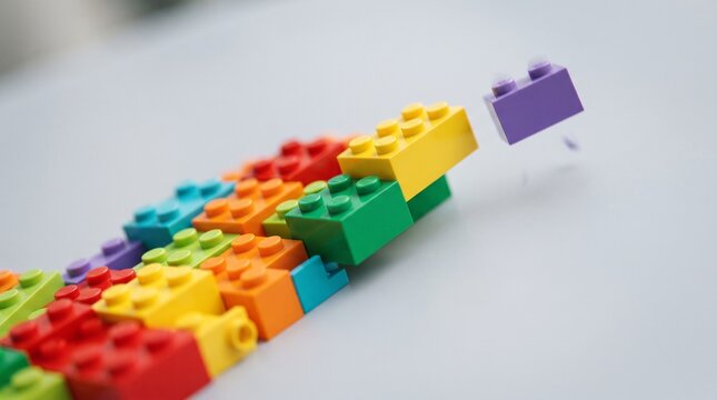 Colorful building blocks in a row with one block falling representing construction creativity and childhood imagination