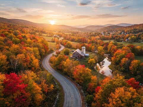 The Image Is An Aerial View Of A Beautiful Autumn Landscape The Sky Is