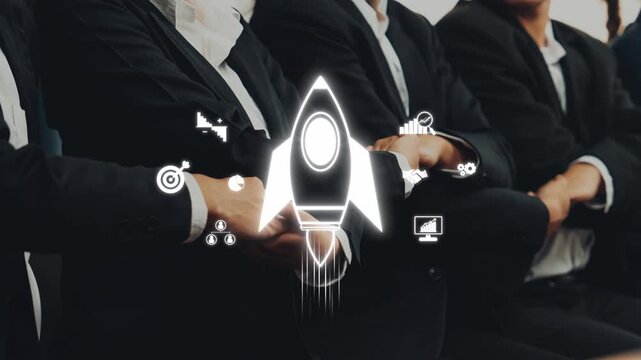A professional business team engaged in a strategy meeting, highlighting growth and innovation through a visual representation of a rocket symbol. Raster