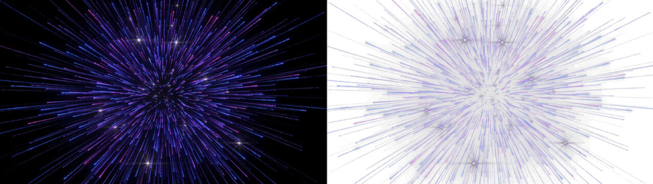 Abstract cosmic explosion with radial light streaks and sparkling stars, dynamic energy burst effect in deep space, vibrant blue and purple particles isolated on transparent background