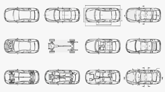 Diverse Technical Blueprint Views of Car Interior and Exterior Layouts for Design Reference