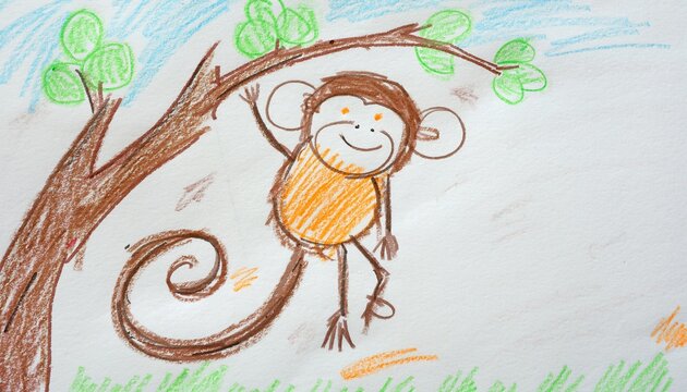 Playful little monkey hanging from a crooked tree branch, child made crayon illustration.
