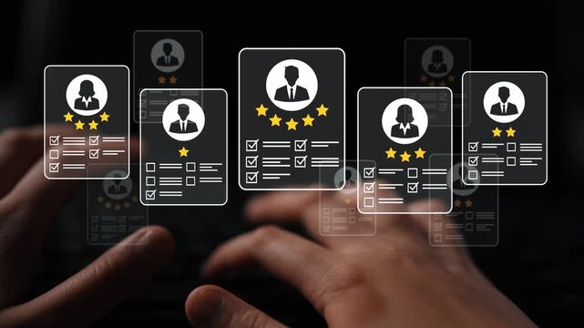 Digital performance evaluation concept with resumes and ratings showcasing candidate profiles and assessment tools in a modern workspace environment Gluon.