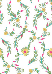 Seamless traditional Indian floral vine pattern with delicate botanical motifs on white background © omegle image