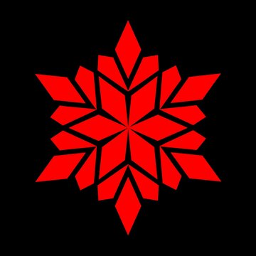 Symmetrical Red Octagram Slavic Alatyr Amulet Motif. Geometric Red Snowflake Icon on Black Background for Christmas designs, greeting cards, branding, logos, festive Scandinavian-style design.