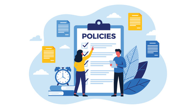 People reviewing company policy on a large clipboard with documents and checklist items in a modern office environment