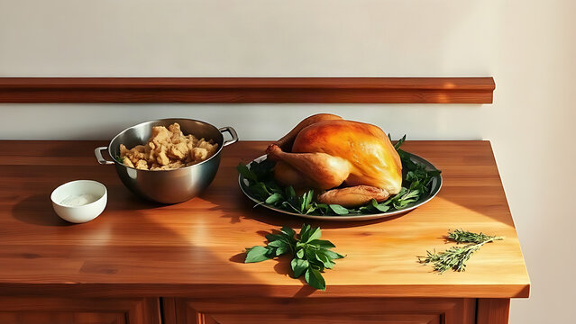 Roasted turkey, stuffing bowl and fresh herbs on wooden sideboard, Thanksgiving dinner and holiday meal prep concept