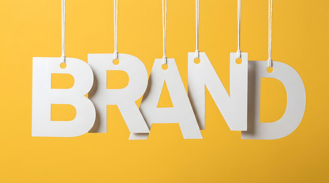 Five individual white hanging paper cut-out letters spelling out the word brand suspended by white strings arranged horizontally against a solid yellow studio background for modern commercial design