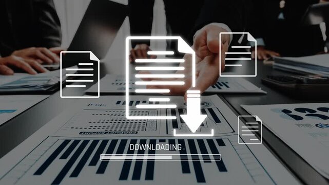 A business team engages in data analysis while reviewing reports on a table, featuring a downloading icon that symbolizes collaborative research and decision-making. Raster