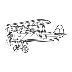 Vintage Biplane Airplane Sketch Illustration Drawing Outline Classic Aircraft Propeller © pr.vectorx