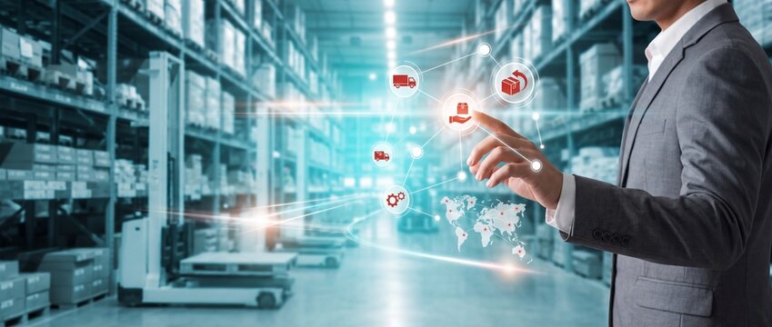 Businessman interacting with digital warehouse logistics management sy