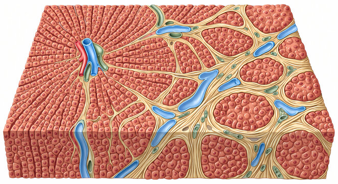 3D block diagram showing liver tissue microanatomy, central vein, portal triad, sinusoids, and hepatocytes