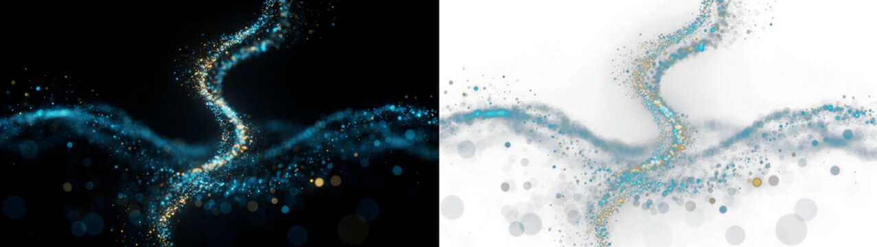 Abstract flowing particles with blue and gold bokeh lights, dynamic wave motion effect on black and transparent background