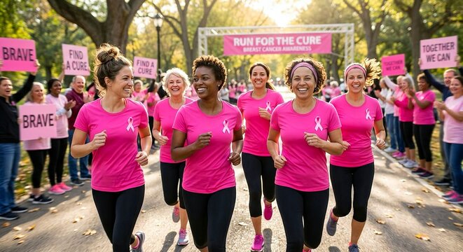 Diverse group of happy women running together in a charity race wearing pink t-shirts with awareness ribbons for breast cancer
