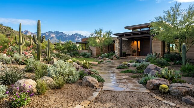 A stunning arizona front yard featuring native saguaro cactus desert landscaping with a modern luxury home in the back