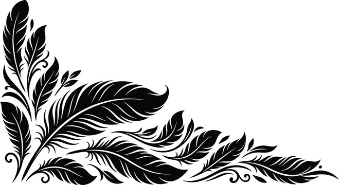 Elegant feather corner border frame element featuring detailed black plumes and swirling scroll vines for artistic luxury invitation card graphic design projects.
