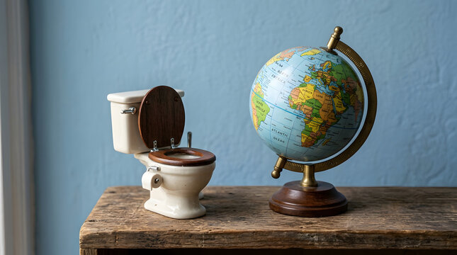 A small toilet model next to a globe on a wooden shelf