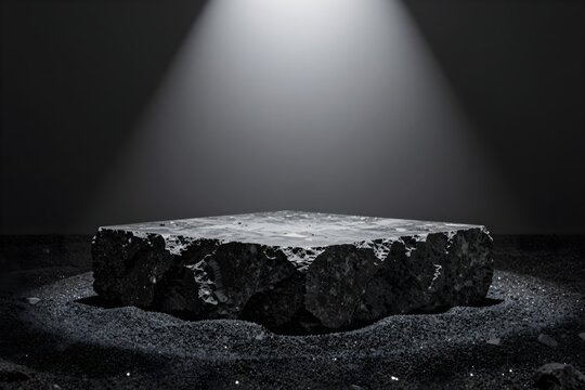 Raw chiseled black basalt rock pedestal on black sand with cinematic spotlight