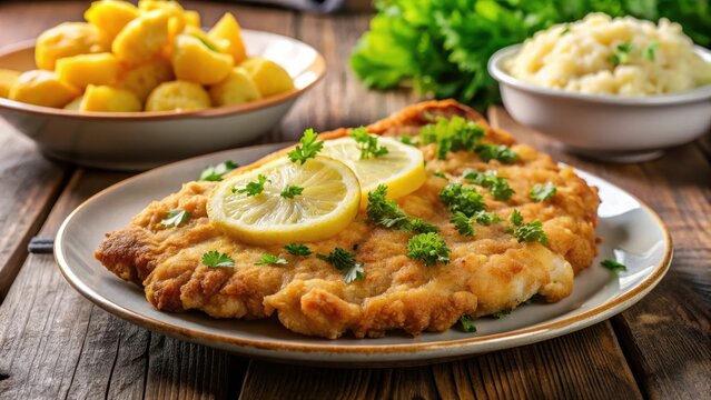 Wiener schnitzel and potato mash on a plate with parsley and a lemon slice
