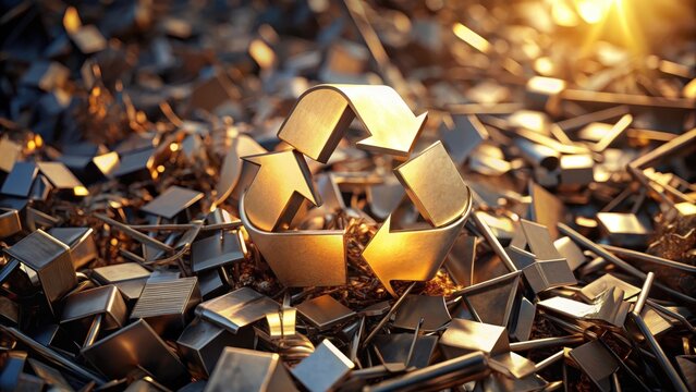 Recycling symbol amidst metal scraps