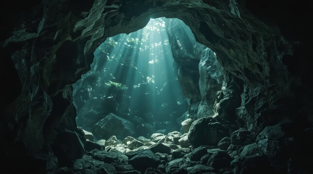 Underwater cave, sunlight, rock, mystery