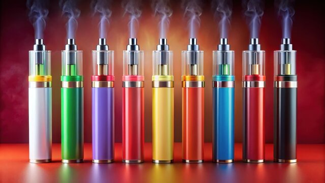 Set of multicolor disposable electronic cigarettes on a red background