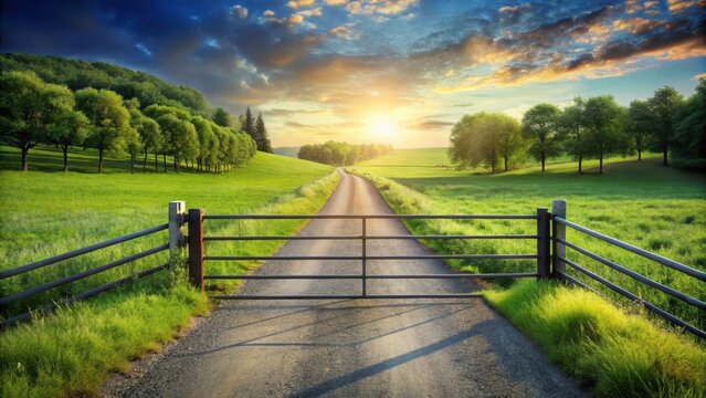 An asphalt road leads off into the distance to a locked gate green grass