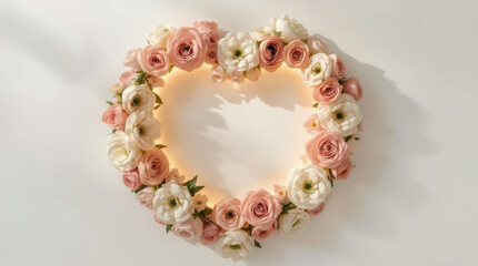 Fototapeta premium Floral wreath with peach and white flowers creating soft romantic frame