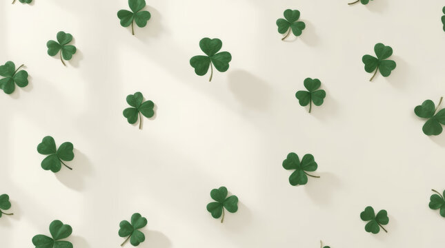 Green four leaf clover pattern on cream background creates festive botanical design