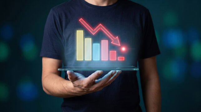 Digital red candlestick chart shows declining market trend above open hand. Global economy finance market. stock investment trading candleholder, graph analysis risk loss profit