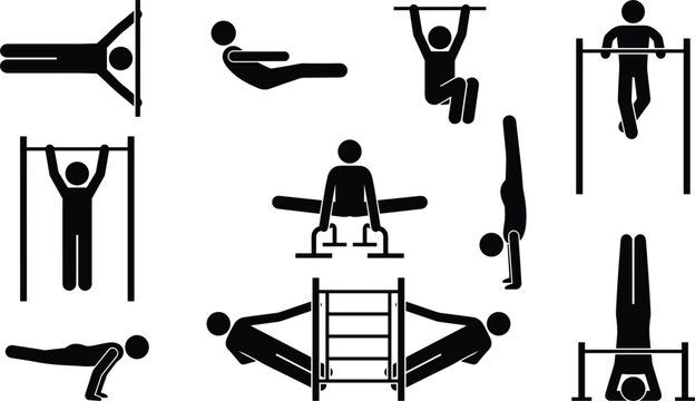 Vector stick figure icon set showing street workout calisthenics gymnastics exercises bodyweight training pullups and bar fitness poses
