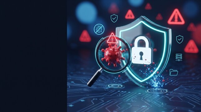 Cybersecurity malware threat detection and data protection concept. Glowing shield with padlock symbol, magnifying glass scanning a virus cell, and warning icons. Digital security photo for IT