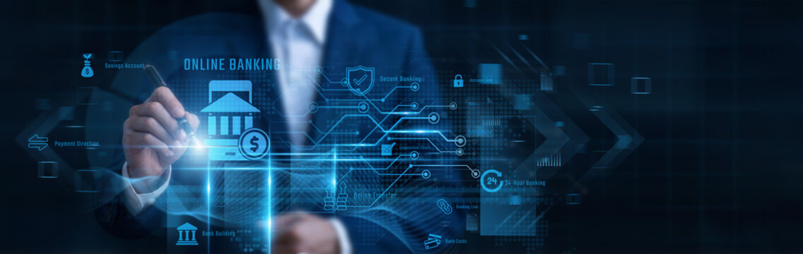 Businessman Pointing Online Banking, secure electronic internet banking platform and mobile account management, online fund transfer system, digital client portal, automated banking transaction