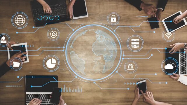 Diverse Business Professionals Collaborating on Digital Devices with Global Connectivity Visuals and Data over a Wooden Desk Background. Entropy.