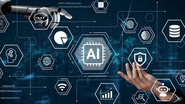 Futuristic robotic hand interacting with artificial intelligence icons, technology concepts, data analysis, cybersecurity elements, and digital communication patterns Gluon.