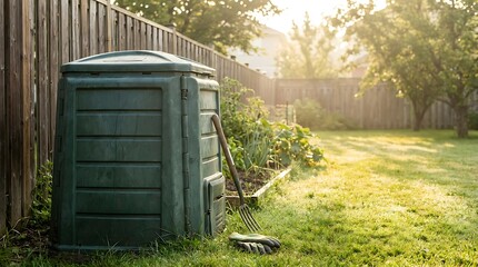 Fototapeta premium Compost bin in a sunny backyard garden with lush green grass and wooden fence in the morning light