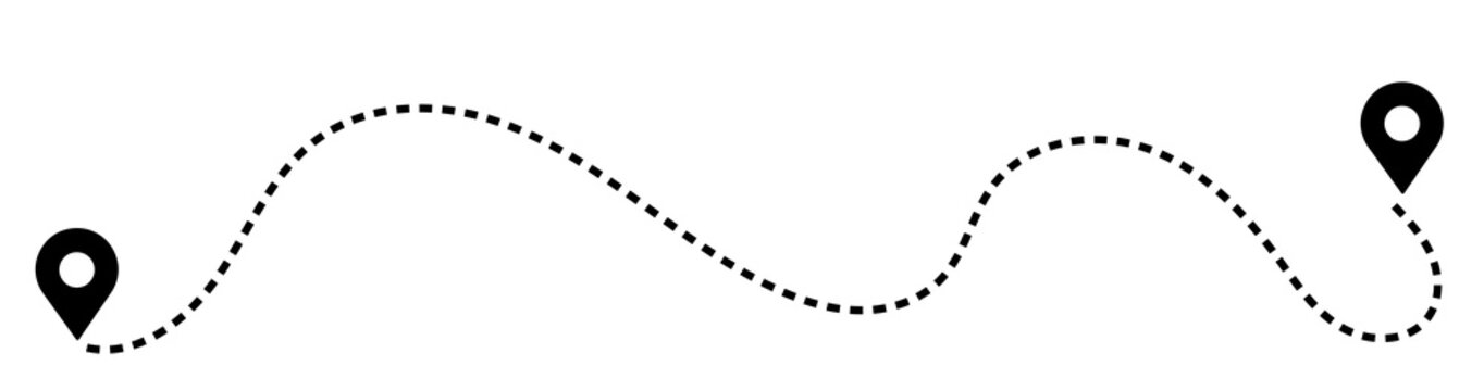 Dashed path route between two map pin locations with dashed line travel route dotted line navigation system location navigation