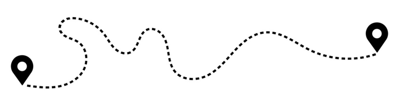 Dashed path route between two map pin locations with dashed line travel route dotted line navigation system location navigation