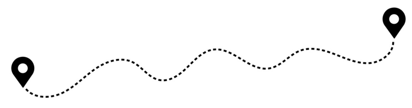 Dashed path route between two map pin locations with dashed line travel route dotted line navigation system location navigation